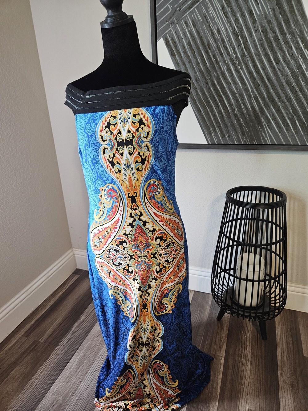 VENUS Strapless Blue Paisley Print Maxi Dress with Black Trim